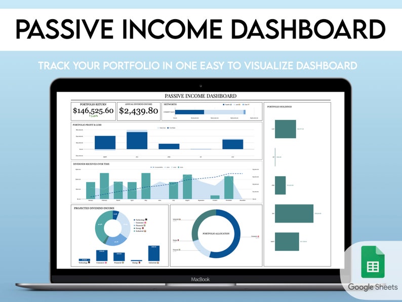 May include: A laptop screen displaying a Google Sheets spreadsheet with a passive income dashboard. The dashboard includes charts and graphs showing portfolio returns, projected income, and portfolio allocation. The title of the spreadsheet is "Passive Income Dashboard".