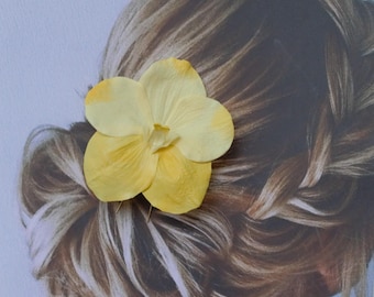 Żółta spinka do włosów Vanda Orchidea – ślubna ozdoba do włosów z motywem kwiatowym