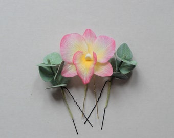 Hairpins with dendrobium orchid and eucalyptus for her