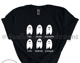 Bilingual teacher ghost shirt | Halloween Spanish tshirt | bilingual teacher | maestra holiday gift | teacher t-shirt | Ghost emotions