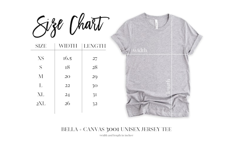 Peut inclure: Tableau des tailles pour un t-shirt en jersey unisexe, indiquant les mesures de largeur et de longueur en pouces pour les tailles XS &agrave; 2XL.
