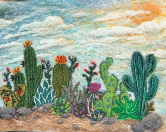 Cactus Desert Landscape Needle Felting Kit, Wool 2D Picture Craft, Beginner Felting Project