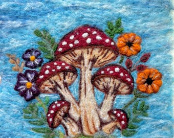 Mushroom Needle Felting Kit: 2D Wool Painting, Beginner Fiber Art