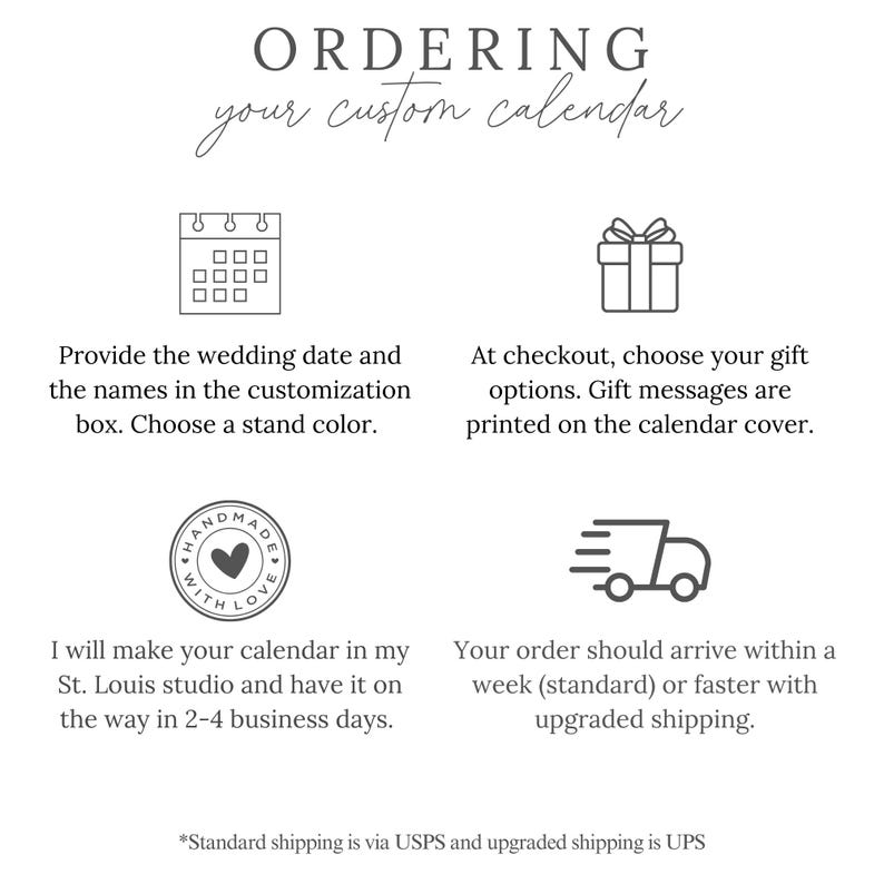 K&ouml;nnte beinhalten: Bild mit Text: "ORDERING your custom calendar." Anweisungen umfassen die Angabe des Hochzeitsdatums, die Auswahl von Geschenkoptionen und Anpassungsdetails. Der Kalender wird in St. Louis handgefertigt und innerhalb einer Woche versandt.