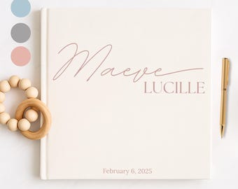 Personalized Baby Book, Customized Hardcover Keepsake for Baby's First Years - 10.25 inch Square, Cream/Pink/Blue/Gray Fabric - Modern Style