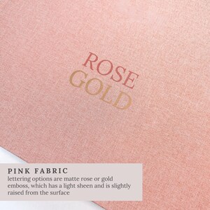 May include: A close-up of pink fabric with the words "ROSE GOLD" in rose gold lettering. The text "PINK FABRIC" is at the bottom, with details about the lettering options and the fabric's sheen.