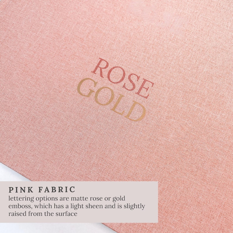 May include: A close-up of pink fabric with the words "ROSE GOLD" in rose gold lettering. The text "PINK FABRIC" is at the bottom, with details about the lettering options and the fabric's sheen.