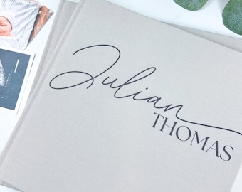 Personalized Baby Book - Hardcover Customized - Baby's First Years Keepsake Journal - 10.25 Square -  Gray Fabric -2025 Edition