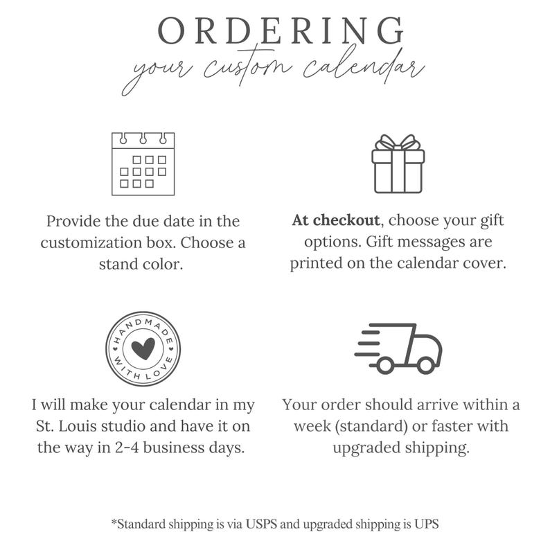 May include: A white graphic with the text "ORDERING your custom calendar." Instructions include providing a due date, choosing gift options, and selecting a stand color. The calendar is handmade in St. Louis.