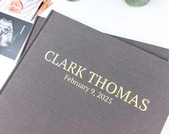 Personalized Baby Book - Modern Hardcover Customized - Baby's First Years Keepsake Album and Memory Journal - Dark Gray Fabric 2025 Edition