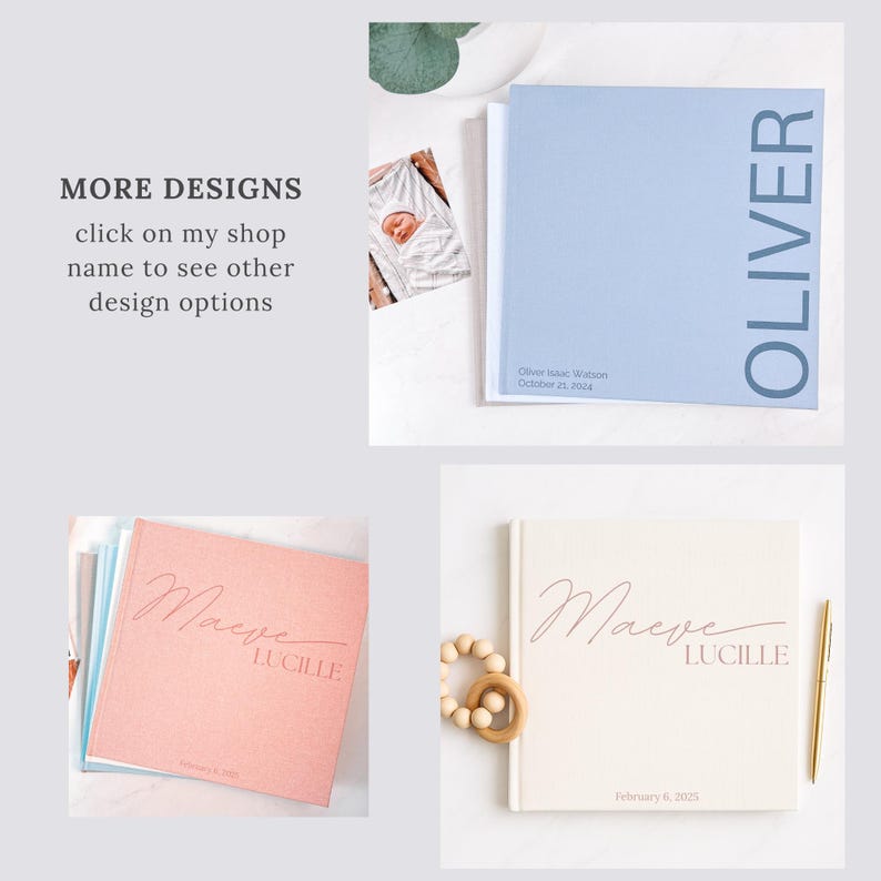 May include: Several baby memory books in different colours are displayed. One is pale blue with the name "Oliver". Another is pink with "Maeve Lucille". The last is cream with "Maeve Lucille" and a wooden toy.