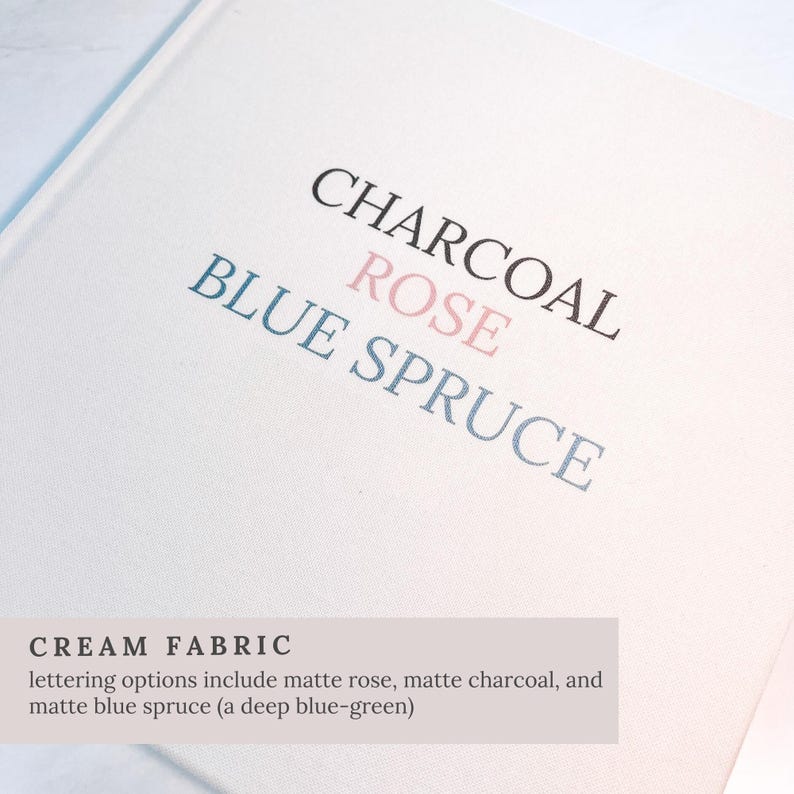 May include: Cream fabric with the words "CHARCOAL", "ROSE", and "BLUE SPRUCE" printed in black, pink, and blue. The text "CREAM FABRIC" is at the bottom, with lettering options listed below.