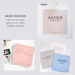 May include: A collection of personalized baby memory books in various colors. The books feature names and dates, with the text "ASHER HAYES" and "AUGUST 30, 2025" visible on one. Other books display names like "Maeve Lucille" and "Avery Claire".
