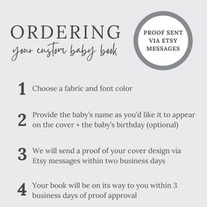 May include: A light gray graphic with the text "ORDERING your custom baby book." Steps include choosing fabric and font color, providing the baby's name, and proof approval. A circular graphic states "PROOF SENT VIA ETSY MESSAGES."