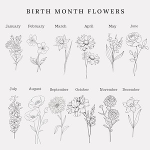 May include: A black and white line drawing of birth month flowers. The text "BIRTH MONTH FLOWERS" is at the top. Each month has a corresponding flower illustration, including carnations, daisies, and roses. The months are listed across the top and bottom.
