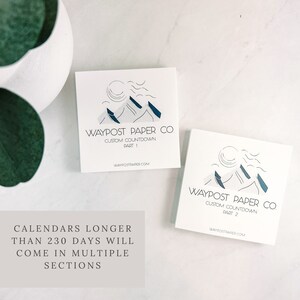 K&ouml;nnte beinhalten: Zwei wei&szlig;e Karten mit blauen Bergillustrationen und dem Text "WAYPOST PAPER CO. CUSTOM COUNTDOWN PART 1" und "WAYPOST PAPER CO. CUSTOM COUNTDOWN PART 2" darauf. Der Text "WAYPOSTRADER.COM" befindet sich ebenfalls auf jeder Karte.