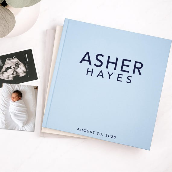 Personalized Baby Book, Hardcover Customized Baby's First Years Keepsake Journal,  10.25 inch Square Stacked Design in Blue/Pink/Gray/Cream
