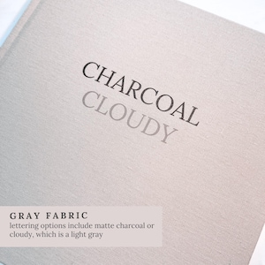 May include: A close-up of a grey fabric with the words "CHARCOAL" and "CLOUDY" printed on it. The text "GRAY FABRIC" and additional text about lettering options are also visible.