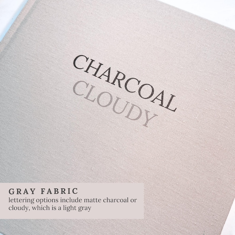 May include: A close-up of a grey fabric with the words "CHARCOAL" and "CLOUDY" printed on it. The text "GRAY FABRIC" and additional text about lettering options are also visible.