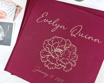 Personalized Baby Book - Modern Hardcover Customized - Baby's First Years Keepsake Album and Memory Journal - Wine Fabric - 2025 Edition