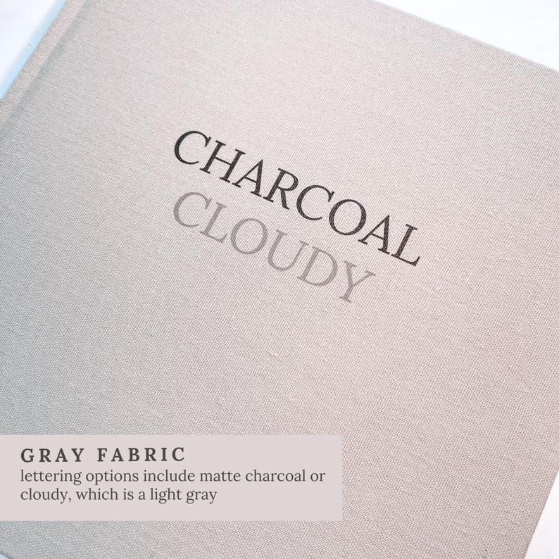 May include: A close-up of a gray fabric with the words "CHARCOAL" and "CLOUDY" printed on it. The text "GRAY FABRIC" and additional text about lettering options are also visible.