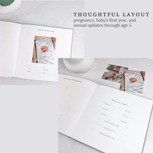 May include: Open baby memory book with the text "welcome to the world" and "about you at age 5". The book includes space for photos and details. The text "THOUGHTFUL LAYOUT pregnancy, baby's first year, and annual updates through age 5" is also visible.