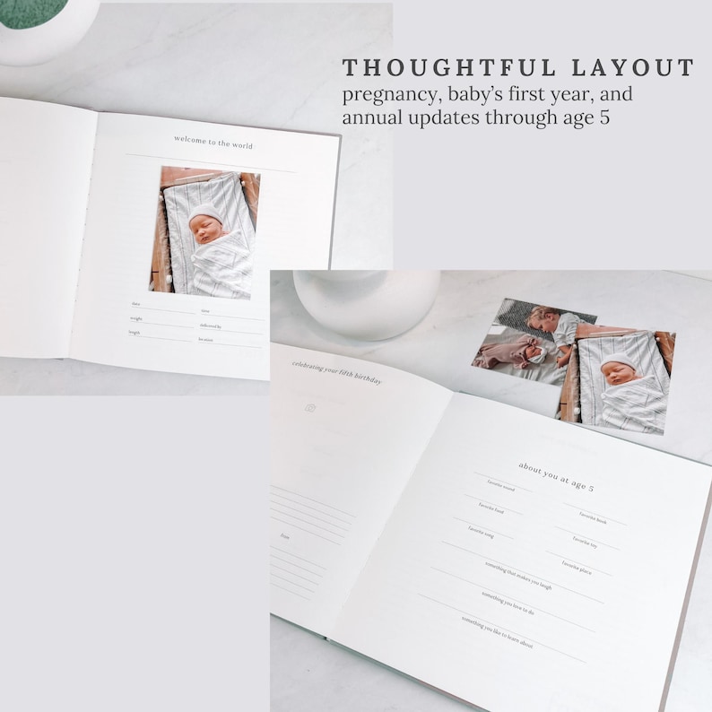 May include: A baby memory book is open, displaying the text "welcome to the world" and "about you at age 5". The book has space for photos and details. The text "THOUGHTFUL LAYOUT pregnancy, baby's first year, and annual updates through age 5" is also visible.
