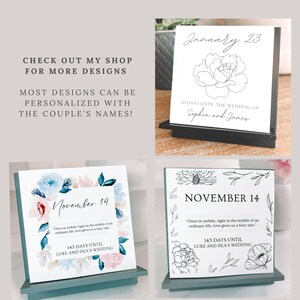 K&ouml;nnte beinhalten: Zwei wei&szlig;e quadratische Karten mit schwarzem Text und floralen Illustrationen. Die obere Karte zeigt "January 23" und "85 Tage bis zur Hochzeit von Sophia und James". Die untere Karte zeigt "November 14" und "143 Tage bis zur Hochzeit von Luke und Isla".