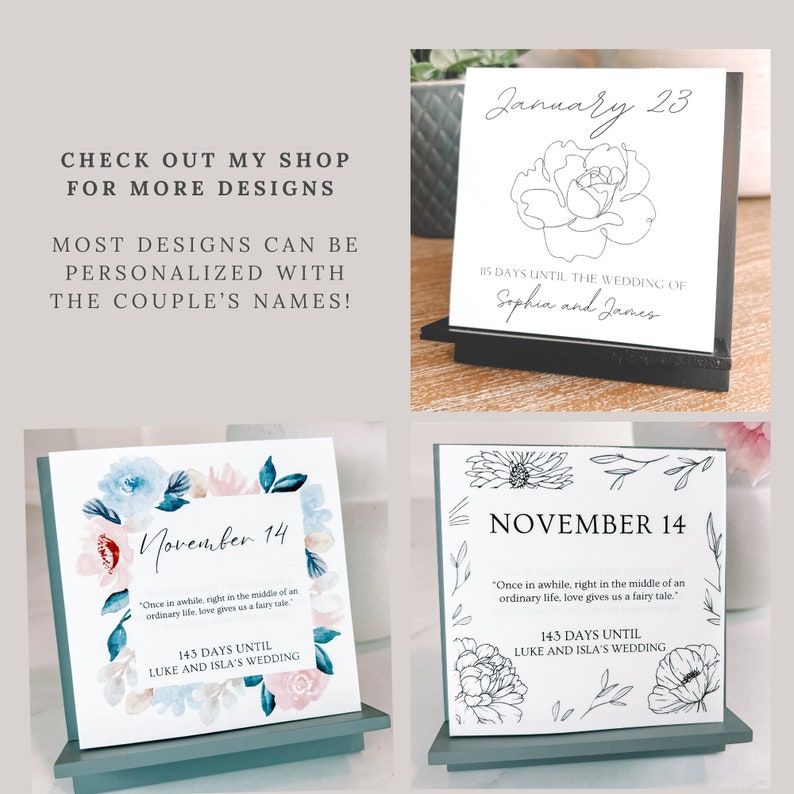K&ouml;nnte beinhalten: Zwei wei&szlig;e quadratische Karten mit schwarzem Text und floralen Illustrationen. Die obere Karte zeigt "January 23" und "85 Tage bis zur Hochzeit von Sophia und James". Die untere Karte zeigt "November 14" und "143 Tage bis zur Hochzeit von Luke und Isla".