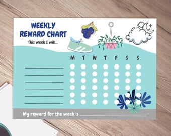 Printable weekly reward chart, blank adult teen routine chore chart, A4 & US Letter - Empowering blue, green