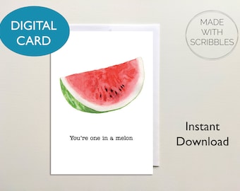Cartão digital para impressão em um cartão de melão, cartão digital engraçado com trocadilho e melancia, download instantâneo