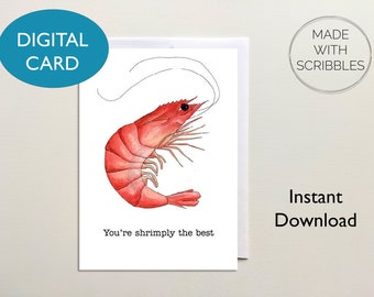 Cartão Shrimply para impressão, cartão digital engraçado com camarão trocadilho, download instantâneo