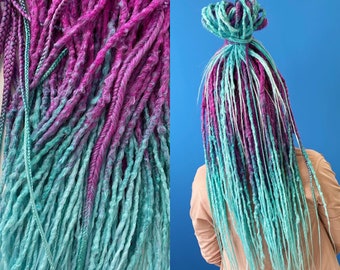Synthetic crochet dreadlocks hair extensions bright purple to blue ombre set DE or SE dreads and braids long, natural look, soft and thin