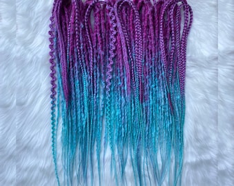 Purple to Blue Ombre Synthetic Dreads and Braids Set, Soft Thin Hair Extensions