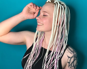 High Top Blond Dreads in Braids dusty lilac & pink shades - Synthetic long dreadlocks hair extensions