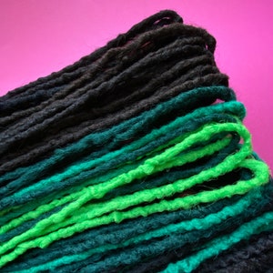 Brown synthetic dreadlocks hair extensions with green accents - Double ended dreads and braids mix long, natural look, soft and thin