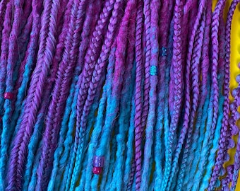 Synthetic dreadlocks hair extensions bright purple blue ombre set double or single ended dreads and braids long, natural look, soft and thin