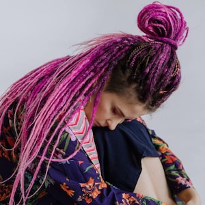 Synthetic dreadlocks hair extensions bright magenta pink ombre set DE or SE dreads and braids long, natural look, soft and thin