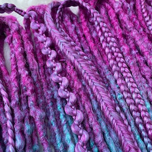 Synthetic dreadlocks hair extensions bright purple blue ombre set DE or SE dreads and braids long, natural look, soft and thin