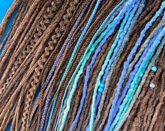 Natural brown ombre set Synthetic dreadlocks hair extensions blue shades accents DE /SE dreads and braids long, natural look, soft and thin