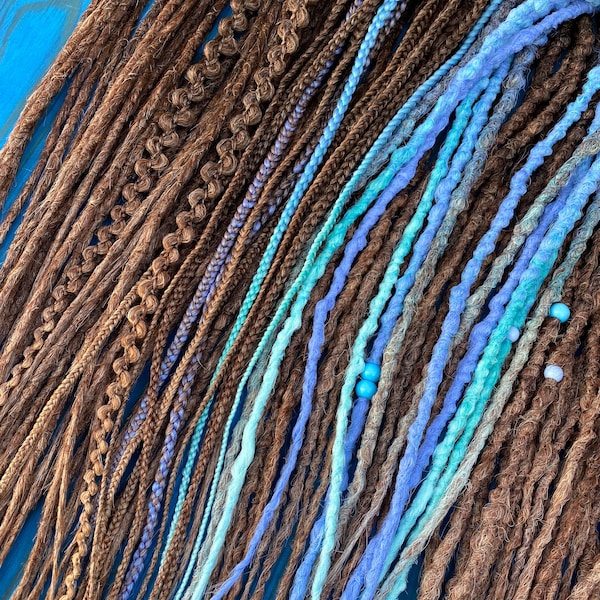 Natural brown ombre set Synthetic dreadlocks hair extensions blue shades accents DE /SE dreads and braids long, natural look, soft and thin