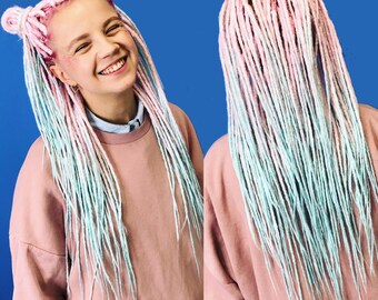 Synthetic dreadlocks pink to blue ombre - Marshmallow shades long single or double ended dreads hair extensions