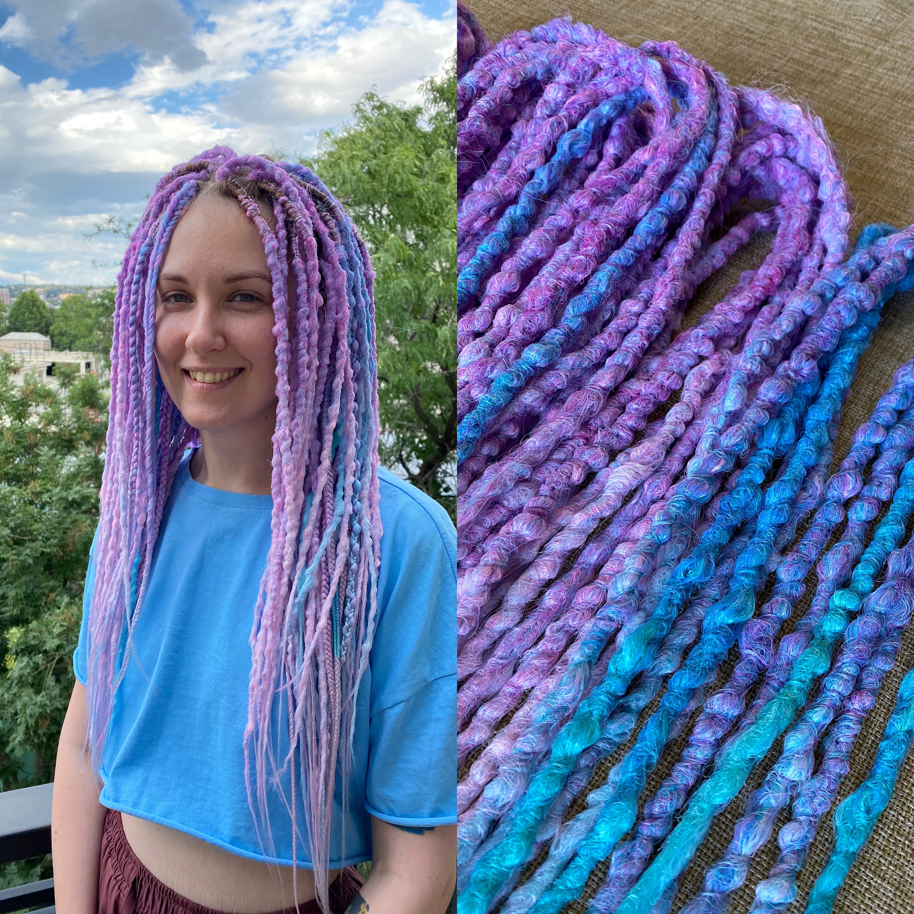 Wool Dreads DE about 26-28 inches long. This is a full head set purple and blue Amazon.com : KRALER 24 Inch Mixed DE Dreadlock Extensions  main image 3