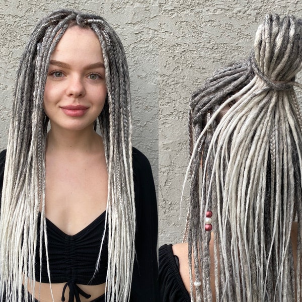 White silver blonde synthetic dreads ombre full set - Crocheted dreadlocks mix set with braids hair extensions natural look, soft and thin