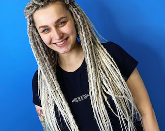 Ash blonde ombre DE dreads and braids - Synthetic dreadlocks silver hair extensions long, natural look, soft and thin