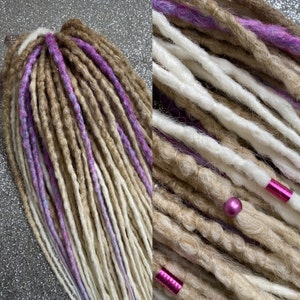 Ombre Blond Synthetic Dreads Hair Extensions with Lilac and White Accents long, natural look, soft and thin