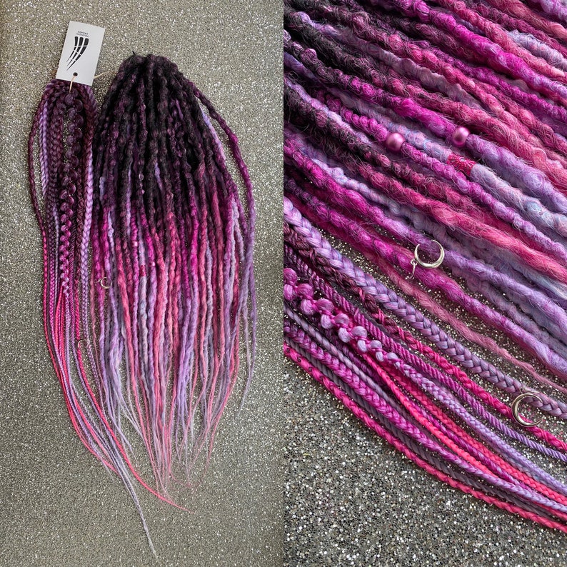 Synthetic Dreadlocks Hair Extensions Purple to Magenta Pink Ombre long, natural look, soft and thin