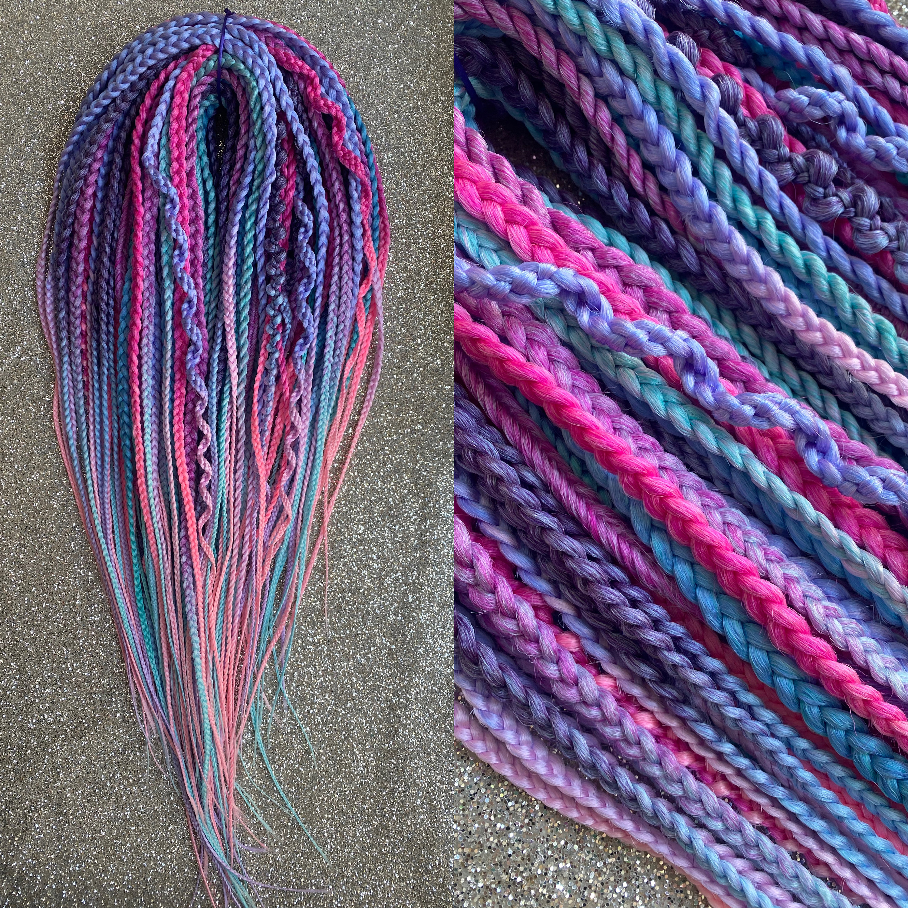 Synthetic braids hair extensions bright pink purple blue set DE or SE  long, natural look, soft and thin