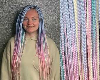 Synthetic braids hair extensions ombre pink purple blue set double or single ended long, natural look, soft and thin