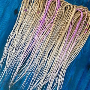 Ombre blond full set double ended dreadlocks and braids lilac shades - Synthetic DE dreads hair extensions long, natural look, soft and thin
